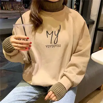 

Autumn and winter pullover women's loose large size turtleneck letter printing plus velvet pullover female students casual