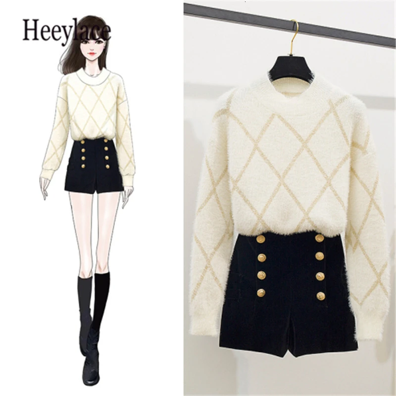 Women Autumn Winter Sets High Quality Sweater Tops+Double Breasted Mini Pant Female New Arrive Clothing |