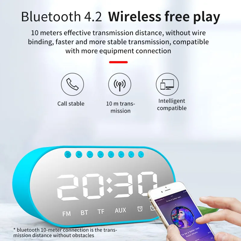 Беспроводной зеркальный светодиодный динамик, двойной будильник, Bluetooth 4,2, бас-динамик, USB, TF, AUX, fm-радио, встроенный микрофон, динамик