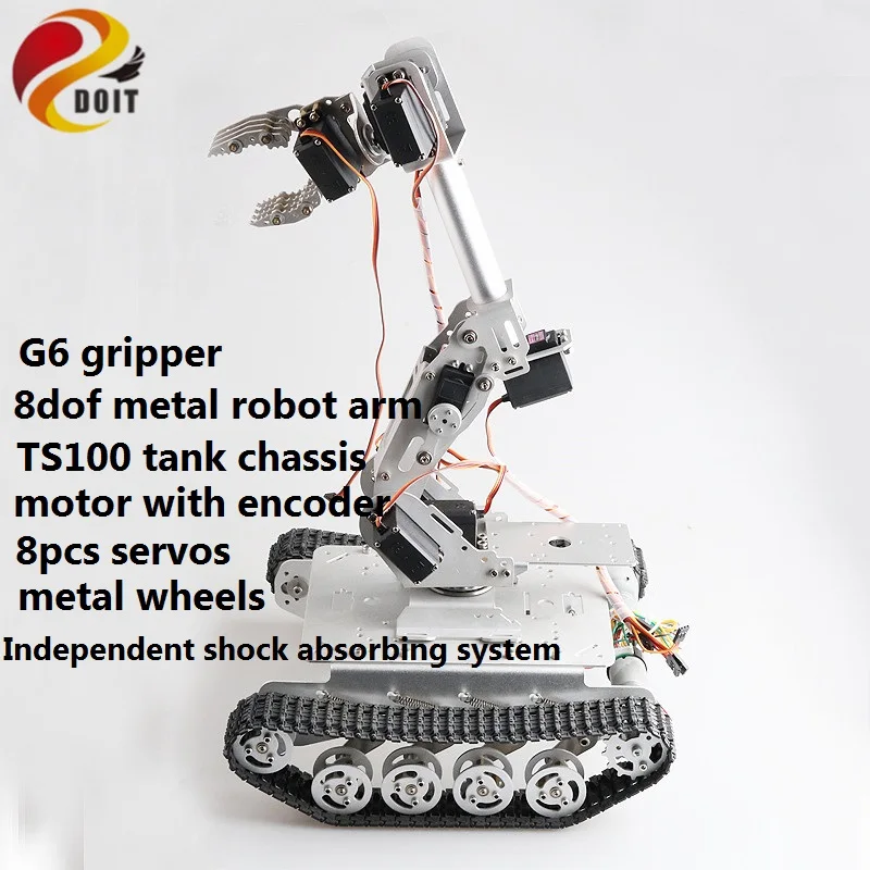 

SZDOIT 8DOF Vehicle Robotic Full Metal 8-Axis Robot Arm with Gripper + TS100 Shock Absorbing Tank Chassis Kit Servos for Arduino