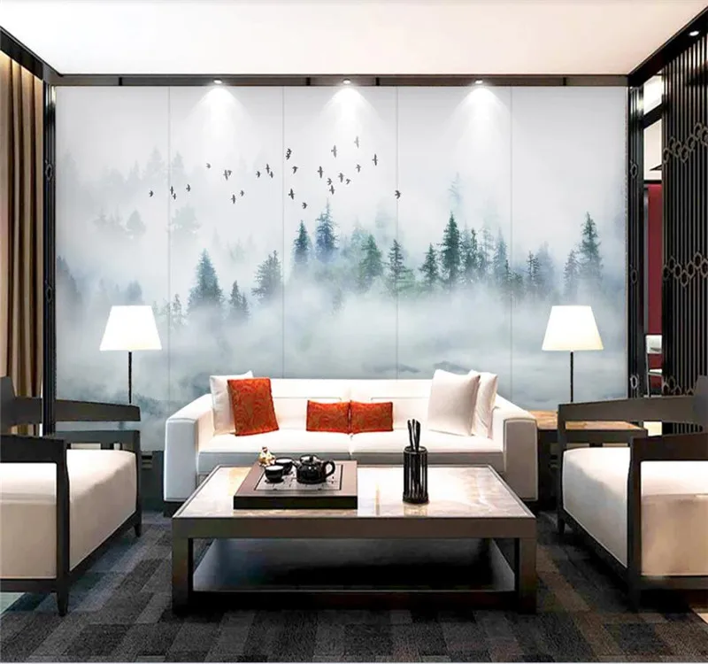 Пользовательские обои облака туман сосновый лес птица современный минималистский ТВ фон стены-высококачественный водонепроницаемый материал