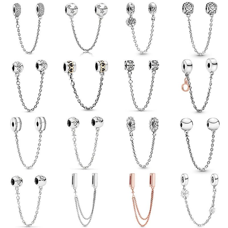 925 Sterling Silver Safety Chain Charm Beads Fit Original pan Bracelet DIY Fixing Clip Heart Star Jewelry Gift For Women | Украшения и