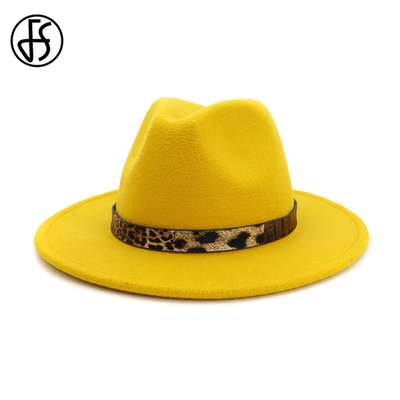 

FS Flat Wool Jazz Fedora Hat for Men Women Leopard Grain Felt Wide Brim Plain Felted Woolen Volcano Hats Yellow Trilby Cap