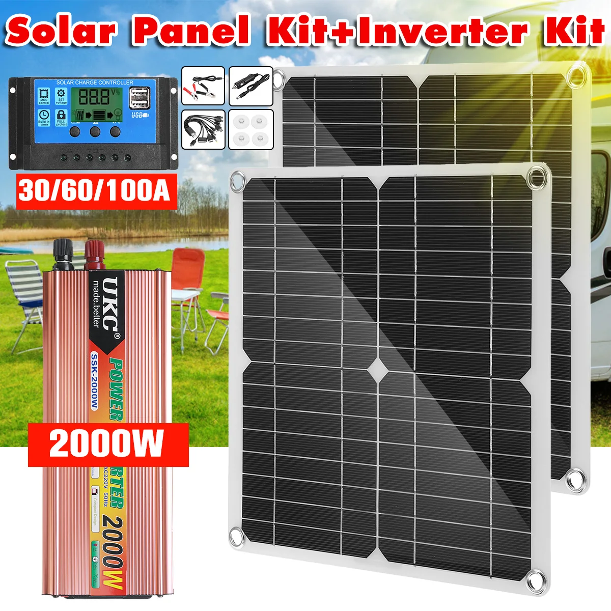 2000W Solar Panel Kit with Power Converter Flexible Solar Charger Panel