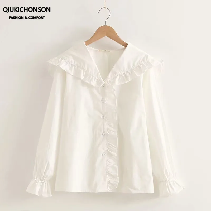 

Qiukichonson Kawaii Frilly Ruffle Peter Pan Collar Lolita White Shirt Blouse Women Spring Autumn Long Sleeve Ladies Tops tuniek