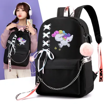 

Fashion Mochila Women Backpack Unicorn Backpack School Bags for Teenage Girls Usb Charge Laptop Backpack Ribbon Travel Bagpack