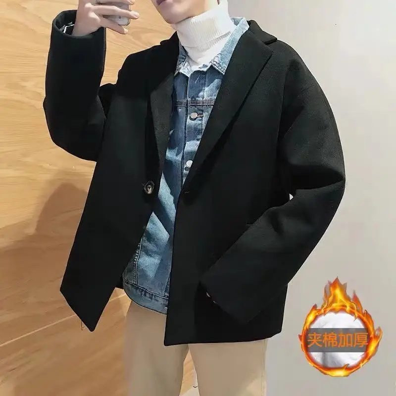 Winter Short Woolen Coat Men Fashion Solid Color Casual British Wind Woolen Jacket Man Loose Cotton Thick Woolen Overcoat Male - Color: Black cotton