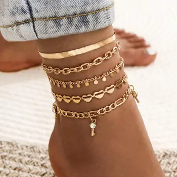 

Boho Ankle Bracelet Zircon Multilayer Heart Key Anklet Barefoot Beach Accessories Leg Bracelet Foot Jewelry For Women 2020