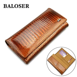 BALOSER Women Genuine Leather Bifold Wallet High Quality Long Clutch Purse Card Holder Mobile Phone Bag
