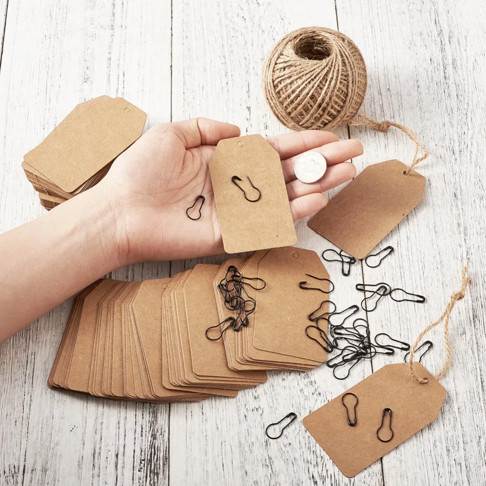 1 комплект DIY комплект ювелирных изделий дисплей крафт-бумага ценники с пеньковый шнур шпагат, железная брошь фурнитура, килт булавки смешанный цвет
