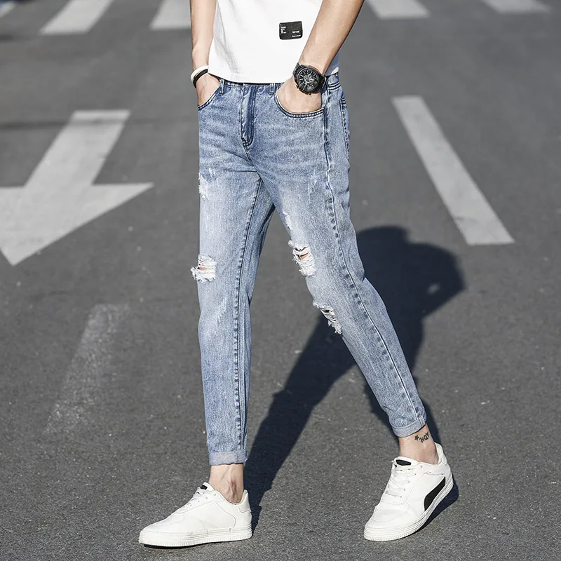 Great Value Men's Washed Denim Trousers Street Fashion Men's Elastic Cotton Stretch Jeans Pants Loose Feet Pants Wearing Denim Broken Holes
