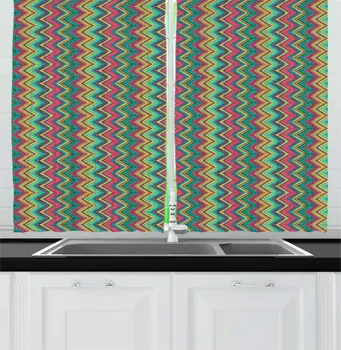 

Multicolor Retro Kitchen Curtains Bohemian Design Colorful Vertical Zigzags Streaks Window Drapes