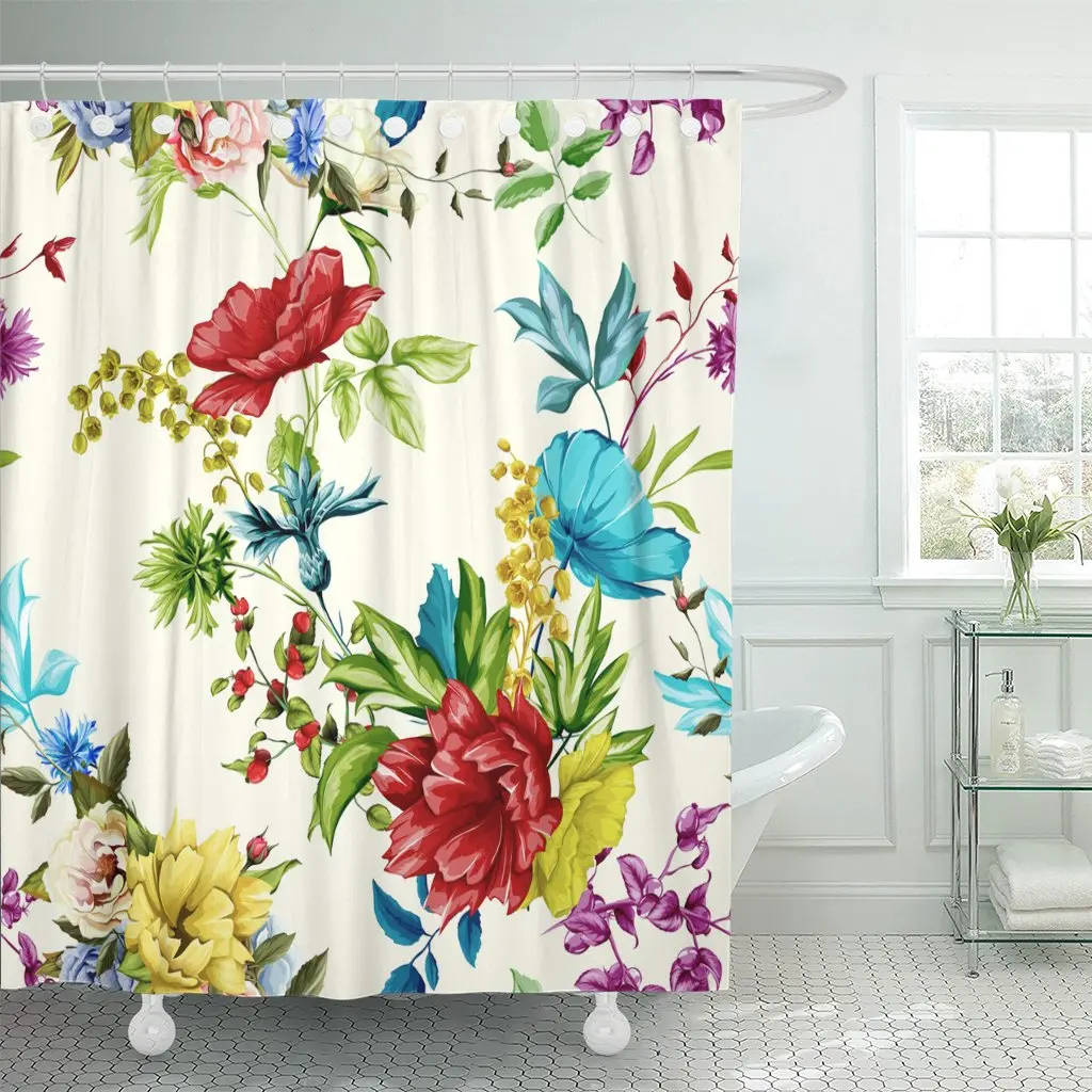 Flowers Poppy Wild Roses Cornflower Peony and Leaves Shower Curtain Polyester 60 x 72 inches Set with Hooks | Дом и сад