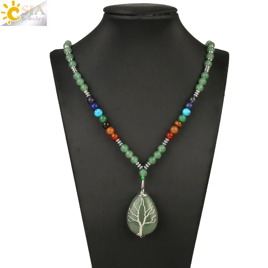 Green Aventurine CSJA Tree of Life Wire Wrap Water Drop Pendants Chakra Natural Stone Aventurine Pink Crystal Beaded Necklaces for Women Men S476 - Окраска металла: Green Aventurine