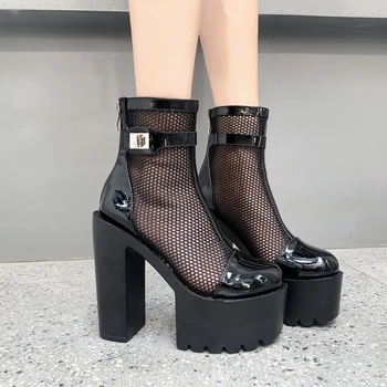 

White High Heels Platform Shoes Summer Mesh Punk Gladiator Boots Back Zipper Round Toe Shoes Ankle Boots For Women Chunky Boots