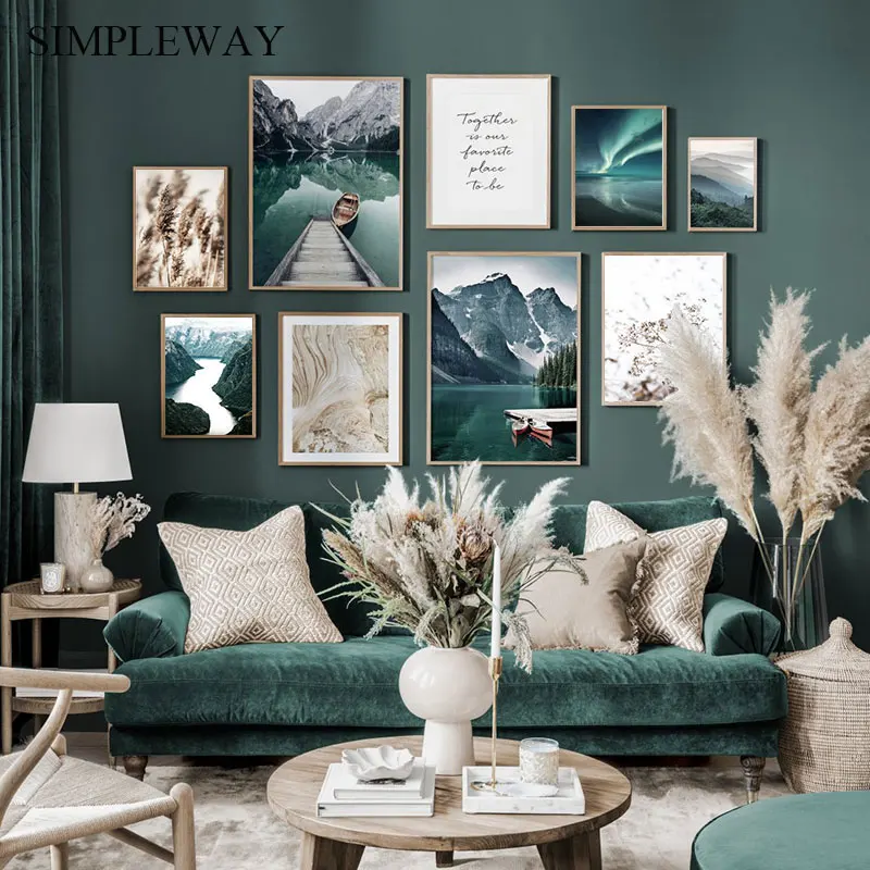 Nordic Poster Canvas-Painting Grass Mountain-Boat Living-Room-Decor Wall-Art Picture Modern