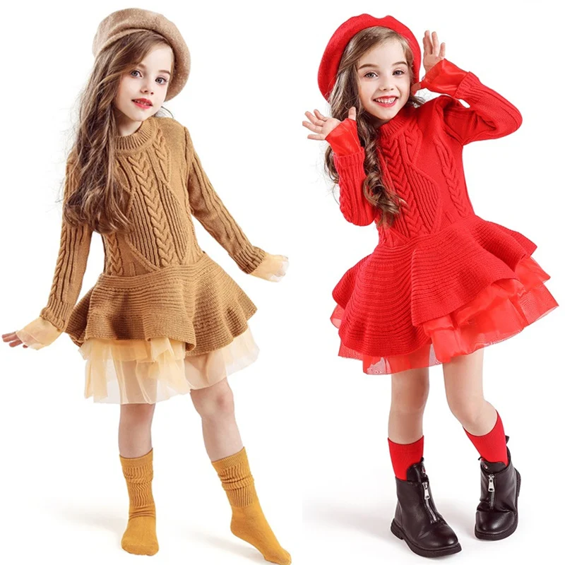 New Thick Warm Girl Dress Christmas Wedding Party Knitted Chiffon Winter Kids Girls Clothes Children Clothing | Детская одежда и