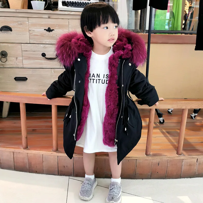 Baby Boys Girls Wadded Jackets Hooded Real Rex Rabbit Fur Collar Parkas Long Thicken Warm Winter Padded Coat Children Outerwear