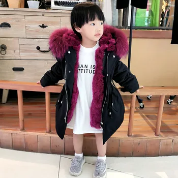

Baby Boys Girls Wadded Jackets Hooded Real Rex Rabbit Fur Collar Parkas Long Thicken Warm Winter Padded Coat Children Outerwear