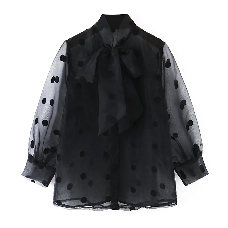 Huaxiafan, женская блузка, рубашки, черная органза, пэчворк, в горошек, блузка, сексуальная, прозрачная, бант, винта, блузка, рубашки, женские топы, новинка - Цвет: Черный