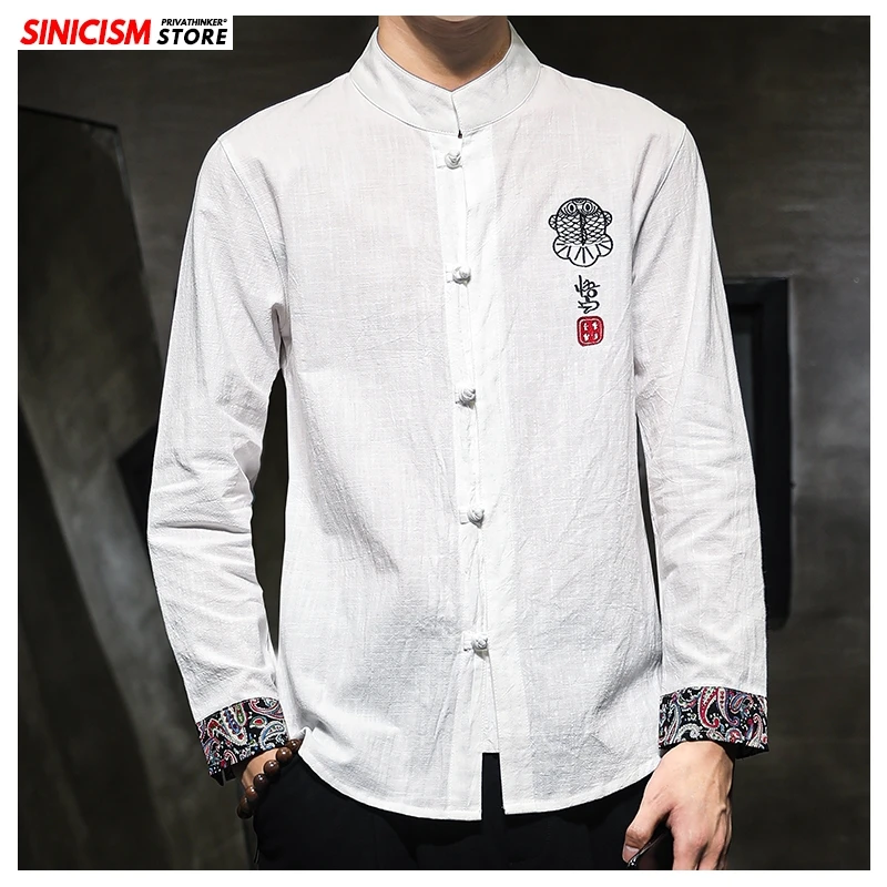 Sinicism Store, Осенние хлопковые льняные рубашки с вышивкой, мужские кимоно, традиционные рубашки с открытой строчкой, мужская рубашка в китайском стиле