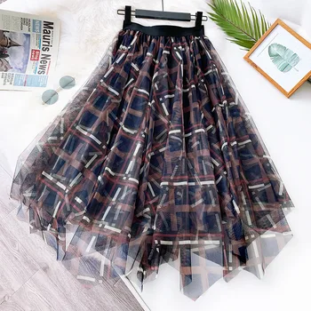 

2020 Spring Summer Women Long Mesh Skirts Vintage Irregular Plaid Skirt High Waist Midi Skirt Korean Faldas Mujer Harajuku Saias