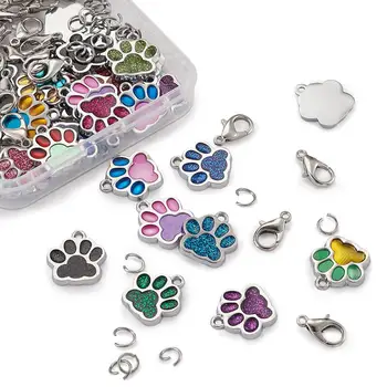 

1Set Dog Paw Prints Alloy Enamel Pendants Chams with Glitter Powder/Two Tone with Jewelry Findings for Women DIY Bracelet Making