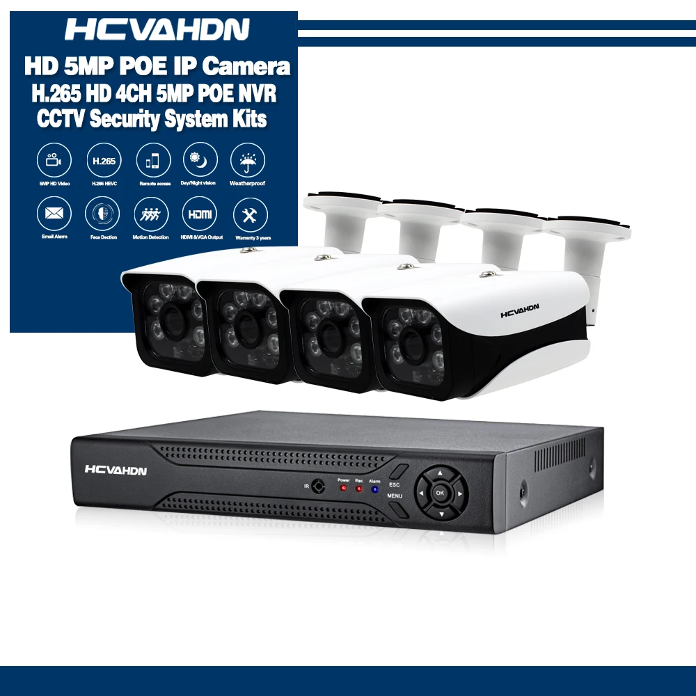 

HCVAHDN 4ch 5MP POE Kit H.265 System CCTV Security Up to16ch NVR Outdoor Waterproof IP Camera Surveillance Alarm Video P2P View