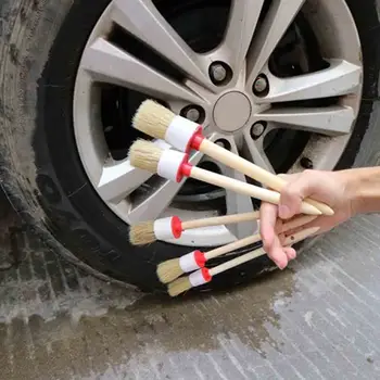 

5pcs Car Cleaning Brush Kit Auto Detailing Wheel Wooden Handle Brushes for Cleaning Dash Trim Seats Handy Washable Brush