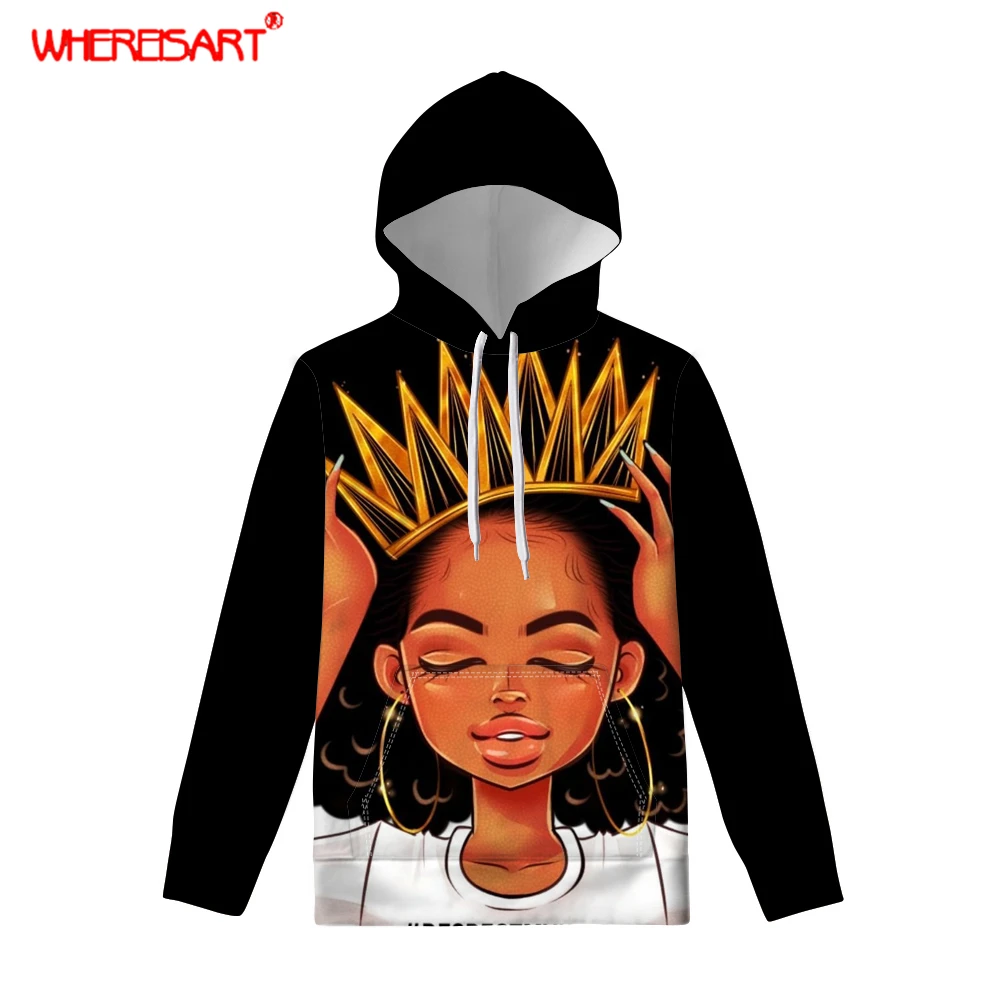 WHEREISART Black Queen Printed Women Hoodies Oversized Sweatshirt African America Women Streetwear