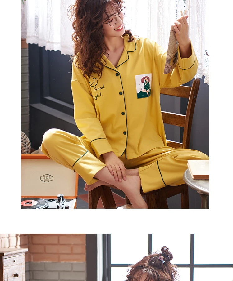 Perfering/модная повседневная одежда для сна, пижамный комплект из двух предметов, домашняя одежда в Корейском стиле, пижама для женщин, хлопковая рубашка с длинными рукавами, большие размеры, желтый Пижамный костюм, женская повседневная одежда для сна, женские зимние костюмы, нижнее белье