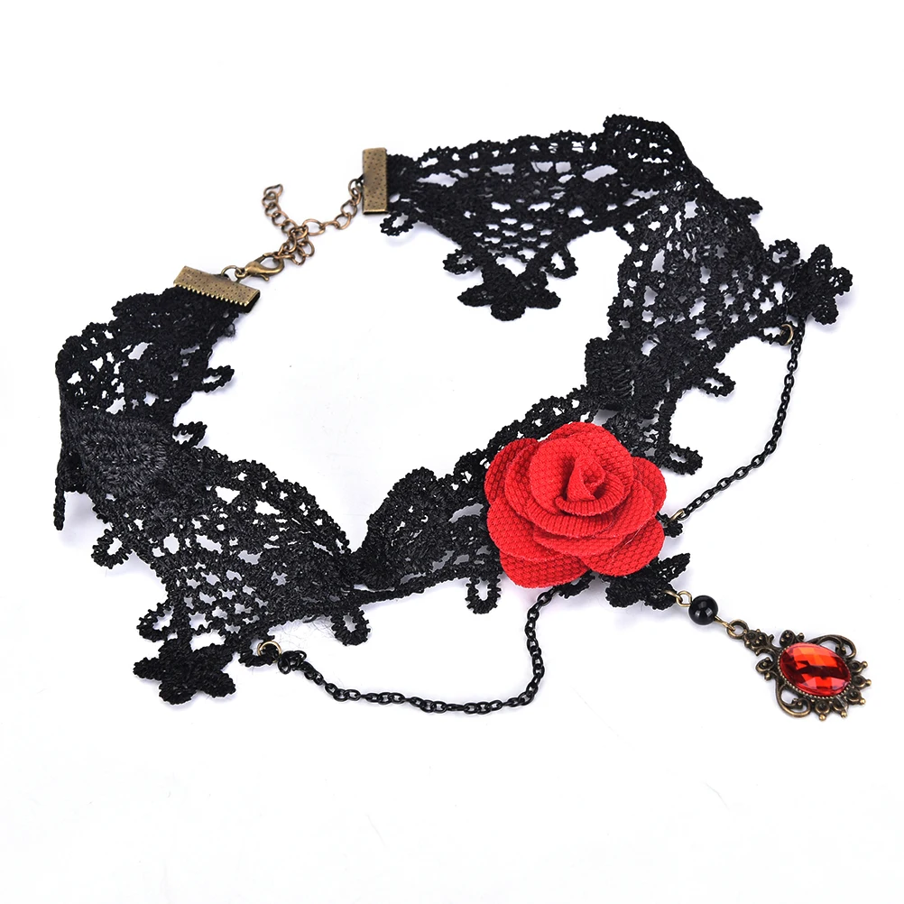 Hollow Rose Flower Punk Black Lace Necklace Vintage out Big Handmade Gothic Lolita Bracelet Tassels Beads Wedding Jewelry