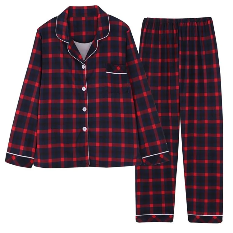 2021 Spring Plaid Two-piece Home Suit for Women Viscose Long-sleeved Lapel Pants Pajamas Women Summer Pyjamas Femme Home Clothes