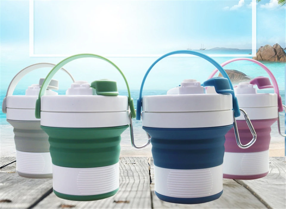 

450ml Folding Silicone Portable Water Bottle Telescopic Drinking Collapsible Coffee Cup Folding Silica Cup with Lids Travel Camp