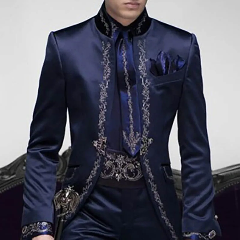 Tailor Made Italian Embroidery Navy Blue Men Suits Slim Fit Groom Prom 2 Piece Male Blazer Luxury Brand Jacket+Pants