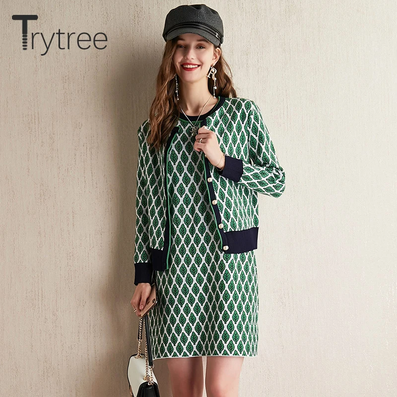 Trytree осенне-зимний женский комплект из двух предметов, повседневный вязаный однобортный Топ с круглым вырезом и жемчугом+ мини-платье, комплект из 2 предметов
