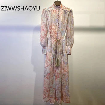 

ZIWWSHAOYU Female Summer Multicolor Print Bohemian Holiday Dress Fashion Designer Stand Collar Bow Belt Elegant Long Dresses
