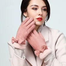 Модные зимние женские шерстяные меховые перчатки, замшевые перчатки с бантом для женщин и девочек, элегантные теплые варежки enfant fille handschuh