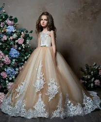 New Champagne Flower Girls Dresses O Neck Applique Beaded Lace Girls Party Dress Teens Pageant Gown Custom