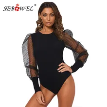 SEBOWEL Casual Long Sleeve O-Neck Mesh Gauze Puff Sleeve Bodysuit for Woman Spring Female Polka Dot Sleeve Knit Body Top Clothes