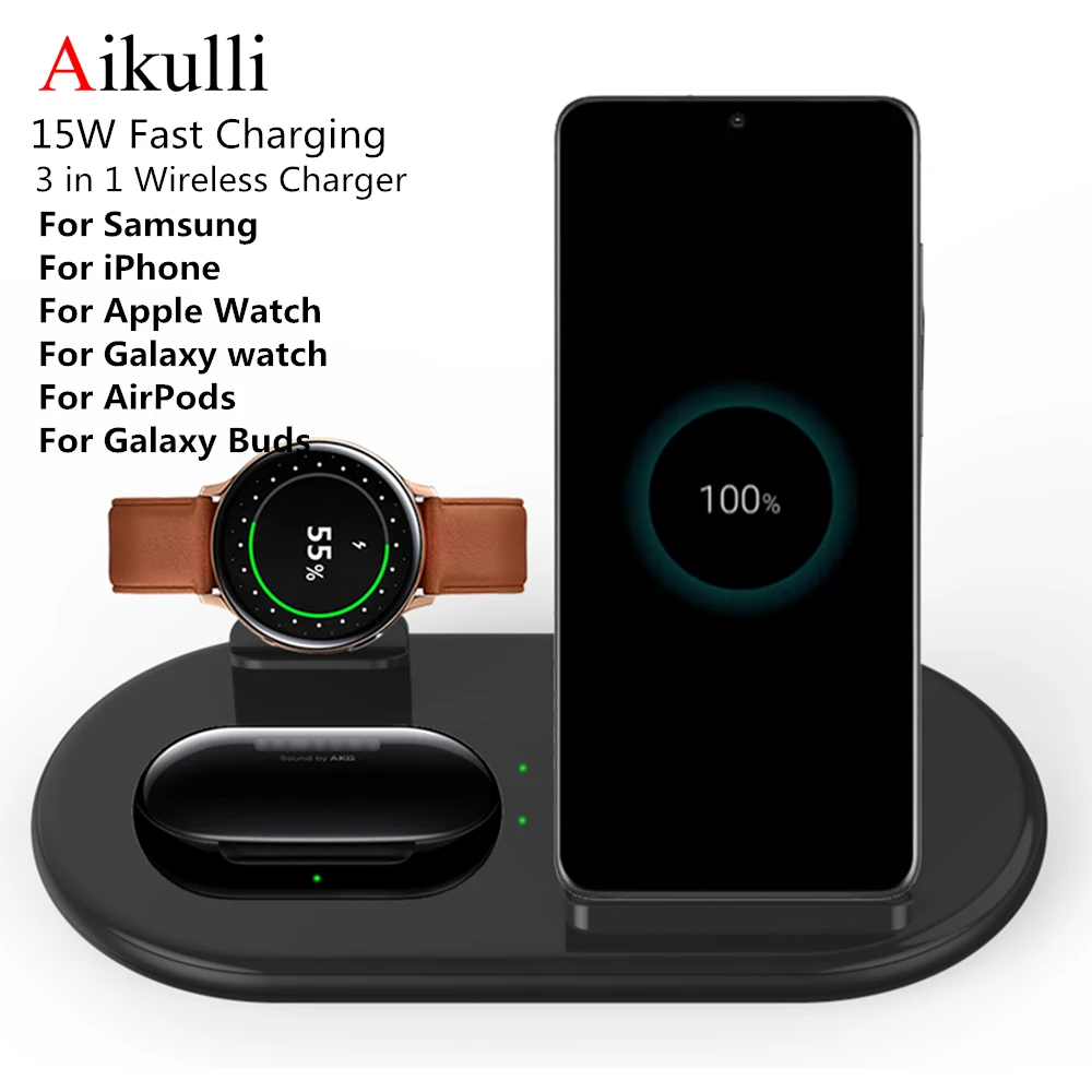 Aikulli Wireless Charger Qi Charge Stand for Samsung Galaxy Buds S8 S9 S10 S20 Plus Note 9 10 For Iphone 11 X XS XR Watch 6 5 4