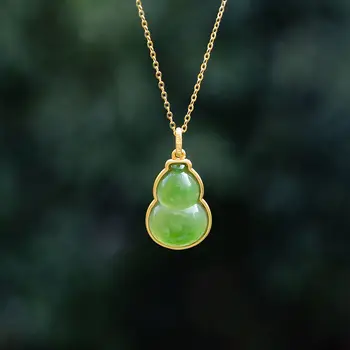 

New silver inlaid natural Hetian jade gourd Pendant Necklace with unique ancient gold edge craft women's light luxury jewelry