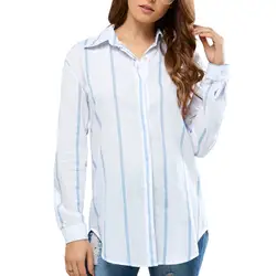 Прямая поставка, Женская Полосатая Рубашка с длинным рукавом, повседневные хлопковые рубашки с отложным воротником, женские свободные