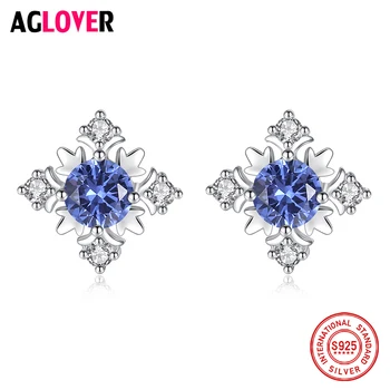 

AGLOVER New High Quality Blue Zircon Stud Earrings 925 Sterling Silver Shiny Beautiful Snowflake Stud Earrings Woman Jewelry