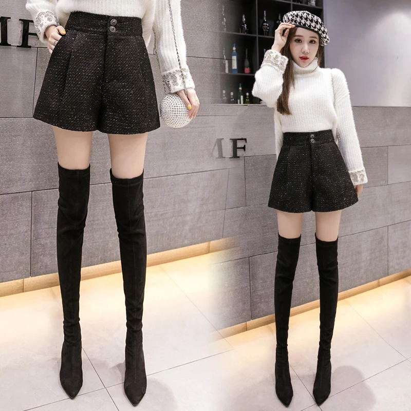 Элегантные Блестки шерстяные шорты женские с высокой талией Свободные корейские твидовые шорты осень зима тонкие широкие ноги верхняя одежда женские брюки