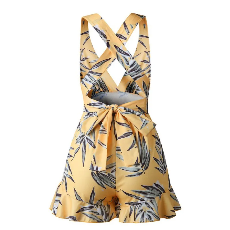 

2019 Sexy Fashion Women Spring Summer Deep V cross Straps Print Sling Romper Summer Backless Loose Jumpsuit vestidos