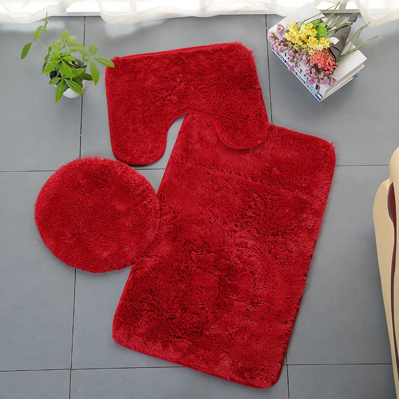 Набор ковриков для ванны нескользящие для ванной комнаты коврик плюшевый домашний туалет коврик моющийся 3 шт - Цвет: Красный