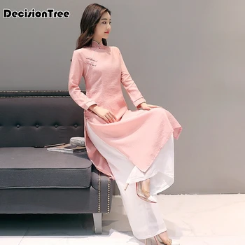 

2020 ao dai cheongsam folk style vietnam chiffon aodai graceful stand collar elegant women chinese traditional dress suit