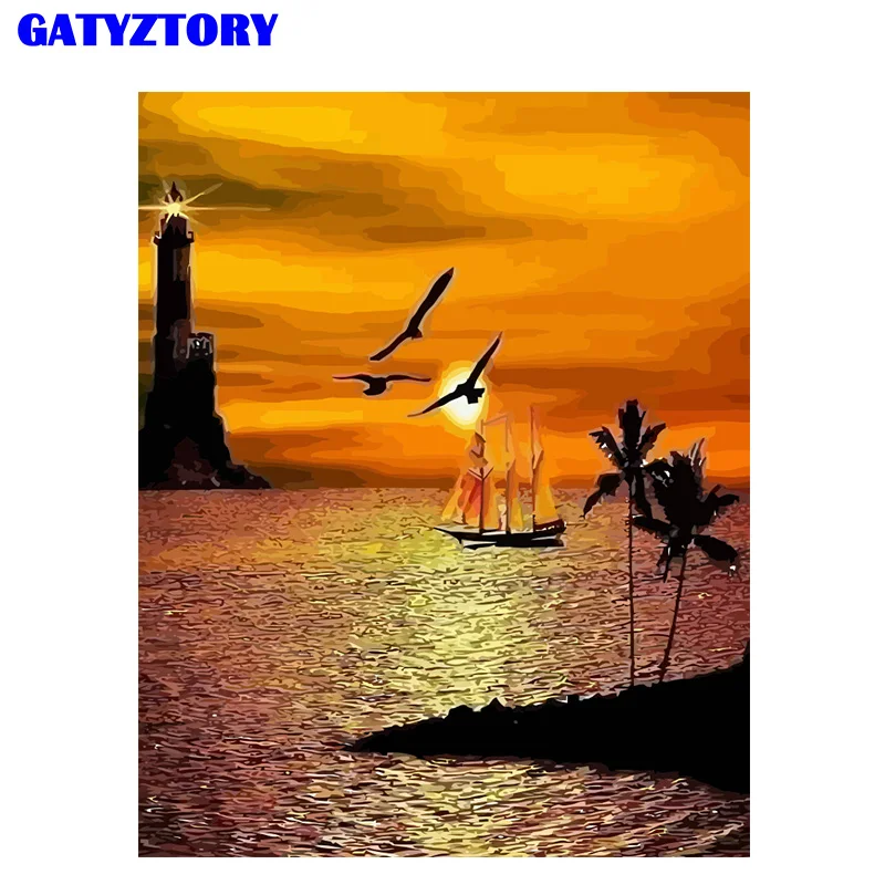 

GATYZTORY Frame DIY Painting By Numbers Kit Beach Sunset Acrylic Paint By Numbers Handpainted Oil Painting For Home Decoration
