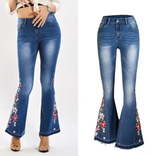 Женские широкие брюки со средней талией, модные 3D женские джинсы с вышивкой, обтягивающие расклешенные брюки, Femme, длинные джинсовые брюки, новинка D481